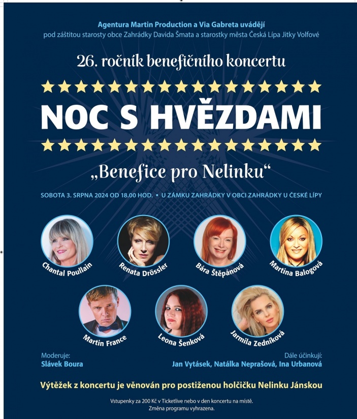 Poullain, Štěpánová nebo France přijedou podpořit Natálku na benefiční koncert „Noc s hvězdami“ na zámku Zahrádky